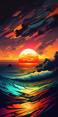 Sticker - ocean sunset in abstraction. Generative AI