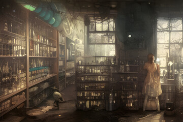 Alchemist lab. A strange and creepy cabinet of curiosities filled with lots of bottles and glass jars. Digital illustration. CG Artwork Background