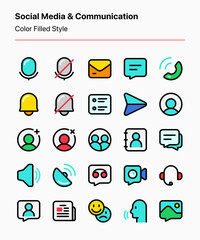 Wall Mural - Customizable set of social media and communication icons covering text, audio, and video communication, contacts, and notifications. Perfect for apps, websites, presentations, and other projects