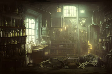 Wall Mural - Alchemist lab. A strange and creepy cabinet of curiosities filled with lots of bottles and glass jars. Digital illustration. CG Artwork Background