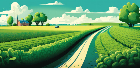 Wall Mural - A panoramic view of a green soybean field divided by a field road. Generative AI