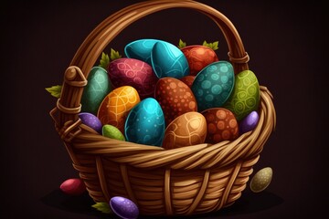 Poster - Easter eggs of various colors in a brown basket. Generative AI