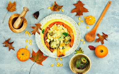 Poster - Pumpkin stuffed with cheese and vegetables.