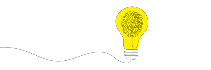 Wall Mural - Continuous line drawing of light bulb and human brain logo. Idea concept. Vector illustration