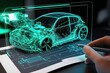 An engineer designing an electric car using augmented reality and viewing the car as a projection or hologram in high-tech laboratory. Generative ai