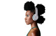 © peopleimages.com - A black woman thinking while listening to podcast. African model streaming audio from radio with creative idea and mock up space isolated on a png background.
