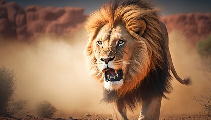 A Close-Up of a Majestic Lion Roaring in the African Savanna generative ai