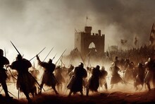 Crusader Warfare In The Middle Ages. Medieval Historical Artwork With Armies Of Crusaders In Battle, Fighting And Battling In Combat. Attacking Enemies With Metal Swords And Armour In. Generative AI