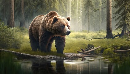 Wall Mural - a realistic 3d of a majestic grizzly bear in a forest clearing generative ai