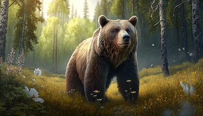 Wall Mural - a realistic 3d of a majestic grizzly bear in a forest clearing generative ai