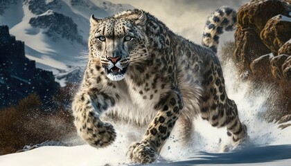 Wall Mural - a snow leopard pouncing on its prey in the himalayas generative ai
