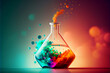 Chemistry science research lab background with a glass flask and vial and a vibrant digital abstract banner - Generative AI