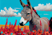 Painting Of A Donkey In A Field Of Flowers. Generative Ai.