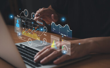 young entrepreneur using big data analysis and cloud technology to collect customer data and display