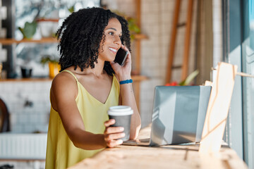 Aufkleber - Black woman in cafe, phone call and remote work with laptop, freelance or influencer blog with networking. Connection, wifi and communication with tech, drink and relax in coffee shop with contact
