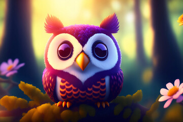 Wall Mural - A cute owl in a colorful and sunny forest. Generative AI.