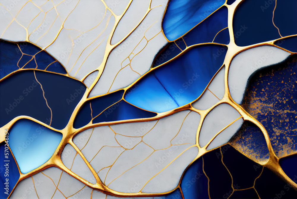 Blue and gold veins of Kintsugi or kintsukuroi abstract background ...