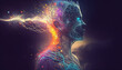 Concept of astral projection and spiritual healing of the soul and body. Journey through the universe.  Meditating person looking inside himself. 3d rendering.