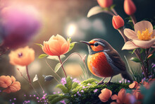Blossom Flowers And A Bird