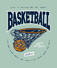 basketball hoop. basketball vintage typography silkscreen t-shirt print vector illustration.