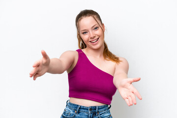 Sticker - Young caucasian girl isolated on white background presenting and inviting to come with hand