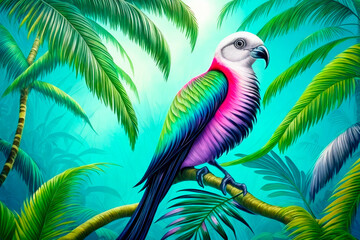 Wall Mural - Paradise bird, tropical exotic jungle plants leaves flowers abstract pastel color. Generative AI