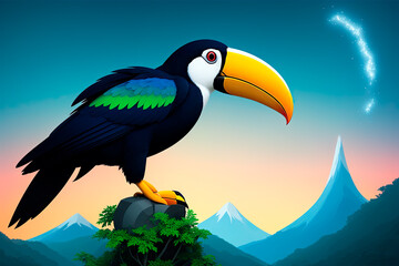 Toucan sitting on the branch in the forest, digital painting art. Ramphastos sulfuratus, bird with big bill. Generative AI