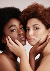 Canvas Print - Beauty, skincare and portrait of black women for cosmetic skin, self care and isolated in studio background. Facial, diversity and multicultural friends for spa treatment for glow and makeup