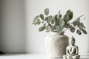 Poster - Modern minimal interior floral decoration with natural eucalyptus twig in vintage glass vase and Buddha statue on white linen table cloth. Light wall as background with copy space. Generative AI