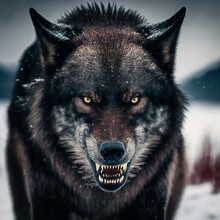Black Wolf Close Up Snarling In North Pole