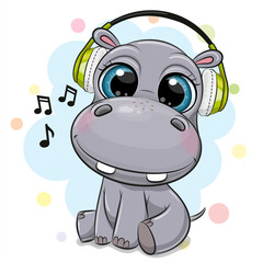  Cartoon Hippo with green headphones