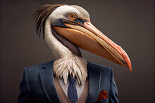 Portrait Of A Pelican Dressed In A Business Suit In A Studio Photo. Generative AI. 