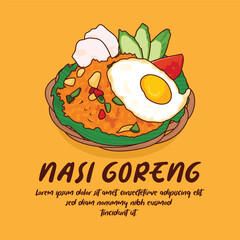 Hand drawn Indonesia traditional food nasi goreng illustration