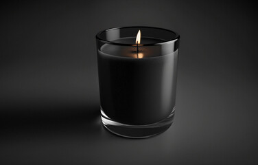 Black candle in a glass beaker on a black matte blurred background