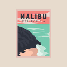 Malibu Beach Vintage Poster Art Illustration Design, Adventure Ocean Poster