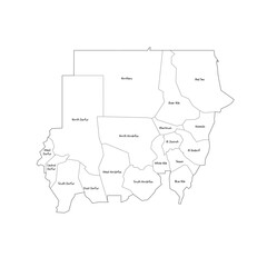  Sudan political map of administrative divisions - states. Handdrawn doodle style map with black outline borders and name labels.