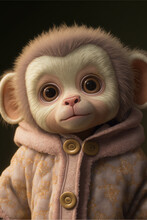 Close Up Of A Stuffed Monkey Wearing A Coat. Generative Ai.