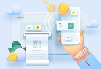 Online payment. Contactless payment with smartphone. RFC technology. Transferring money from a mobile device. Mobile device with money transfer payment system interface. Vector illustration in 3d styl