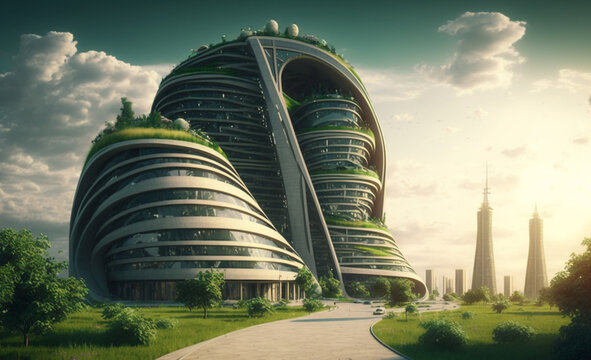 ecological green city with futuristic architecture, future modern creative architecture city, creati