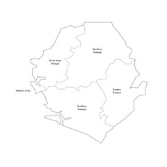  Sierra Leone political map of administrative divisions - provinces and one area. Handdrawn doodle style map with black outline borders and name labels.