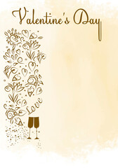 Wall Mural - Valentine's day golden background with glasses of champagne. Doodle flowers. For congratulations and writing text. Template for postcards, digital graphics 