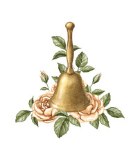 Watercolor Vintage Antique Gold Bronze   Hand Bell And Orange Flowers Roses With Green Leaves Isolated On White Background. Hand Drawn Illustration Sketch