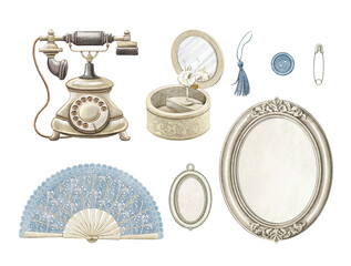 Set with vintage frame, medallion, fan, pin, music box, button and telephone isolated on white background. Watercolor hand drawn illustration sketch