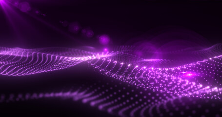 Poster - Abstract purple glowing waves from particles and dots energy magical futuristic hi-tech, abstract background