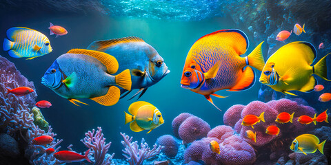 many tropical fish in a coral reef, banner, panorama, shoal, school - generative ai