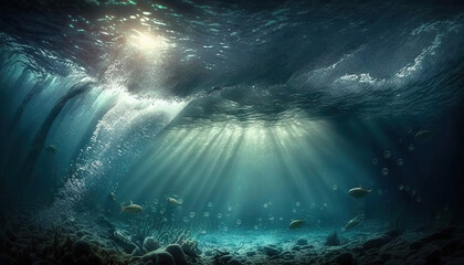 Under the Water. Under the Ocean. Beams of sunlight piercing through. Underwater shot. Generative AI.