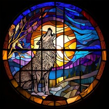 Wolf Howling At The Full Moon In A Stained Glass Window