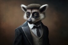 Portrait Of A Lemur Dressed In A Formal Business Suit, Generative Ai	