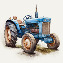 A Cute Blue Farm Tractor, Watercolors, Detailed, Clear Lines, White Background - Generative AI