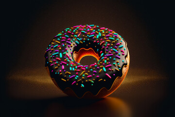 Chocolate donut with colorful sprinkles on top. Ai generative.